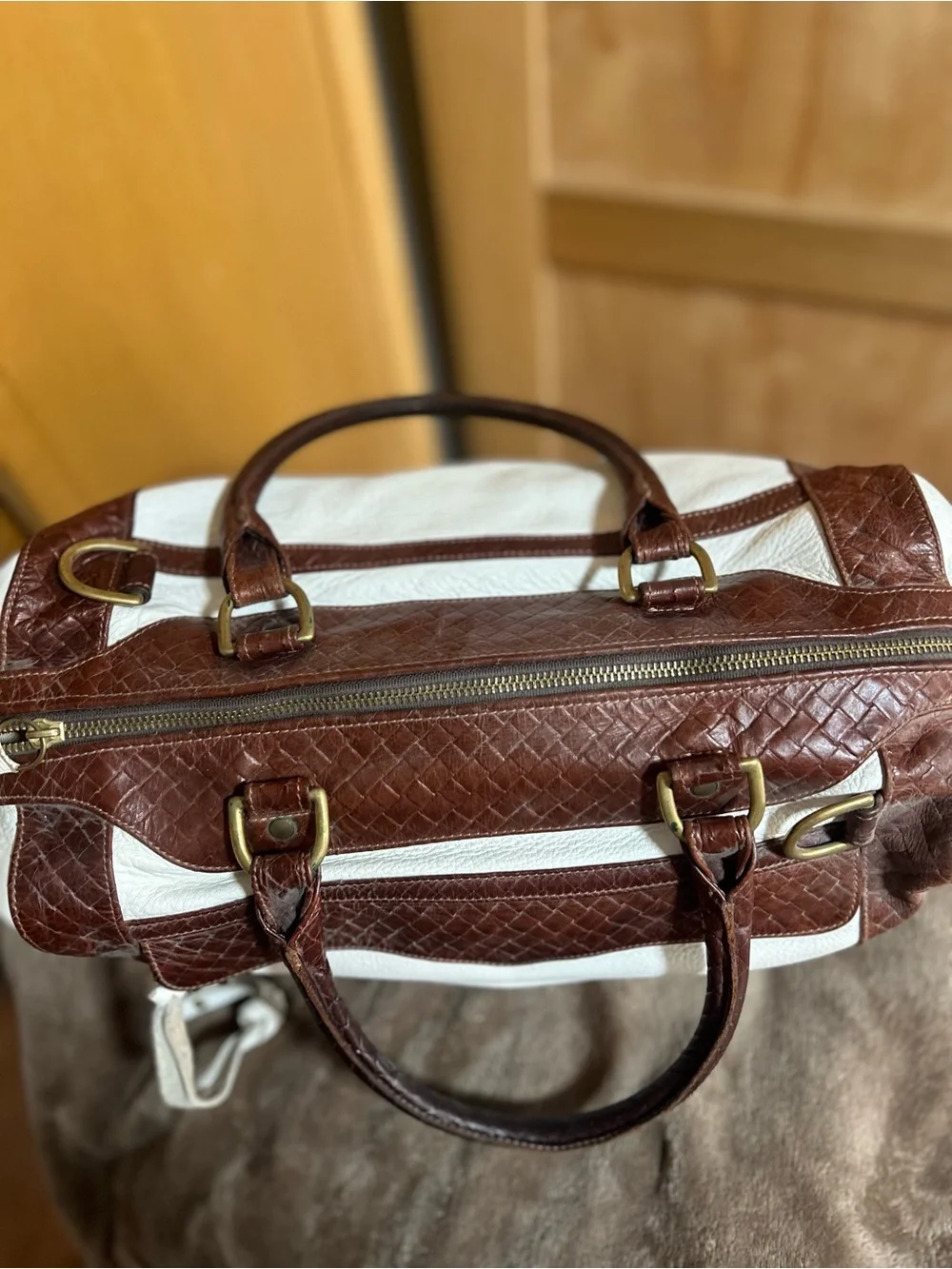Rebecca Minkoff Brown and White Leather Messenger Satchel